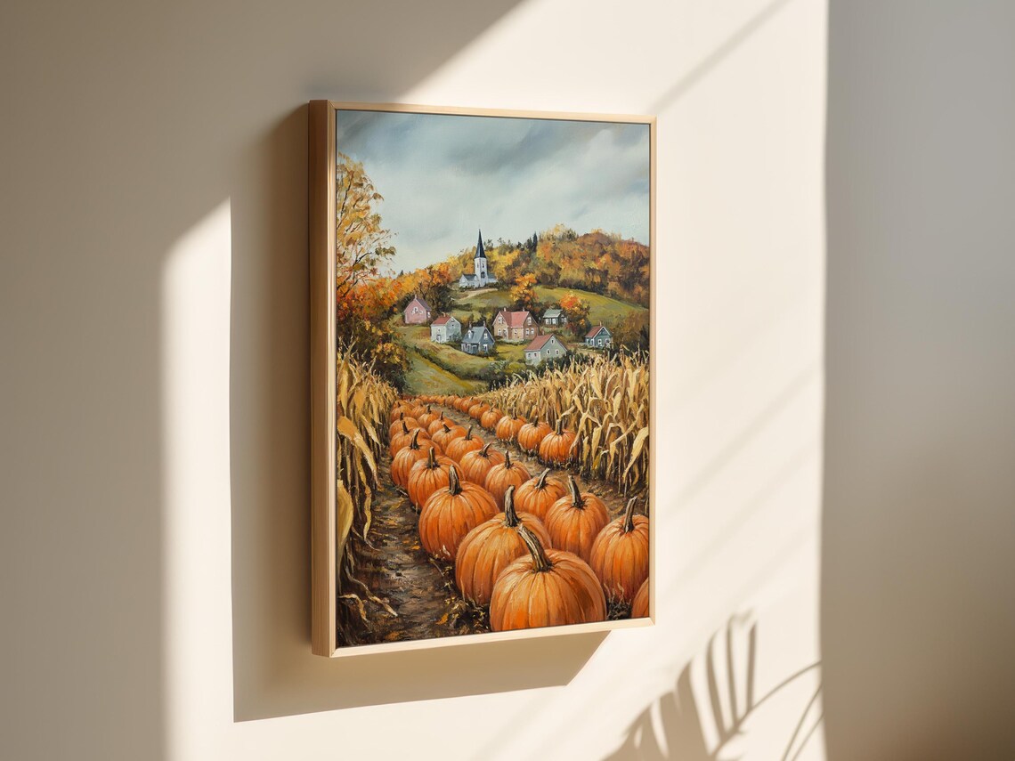 Rustic Pumpkin Patch Rows Beneath Village Church Hill Fall Landscape Poster - Image 3