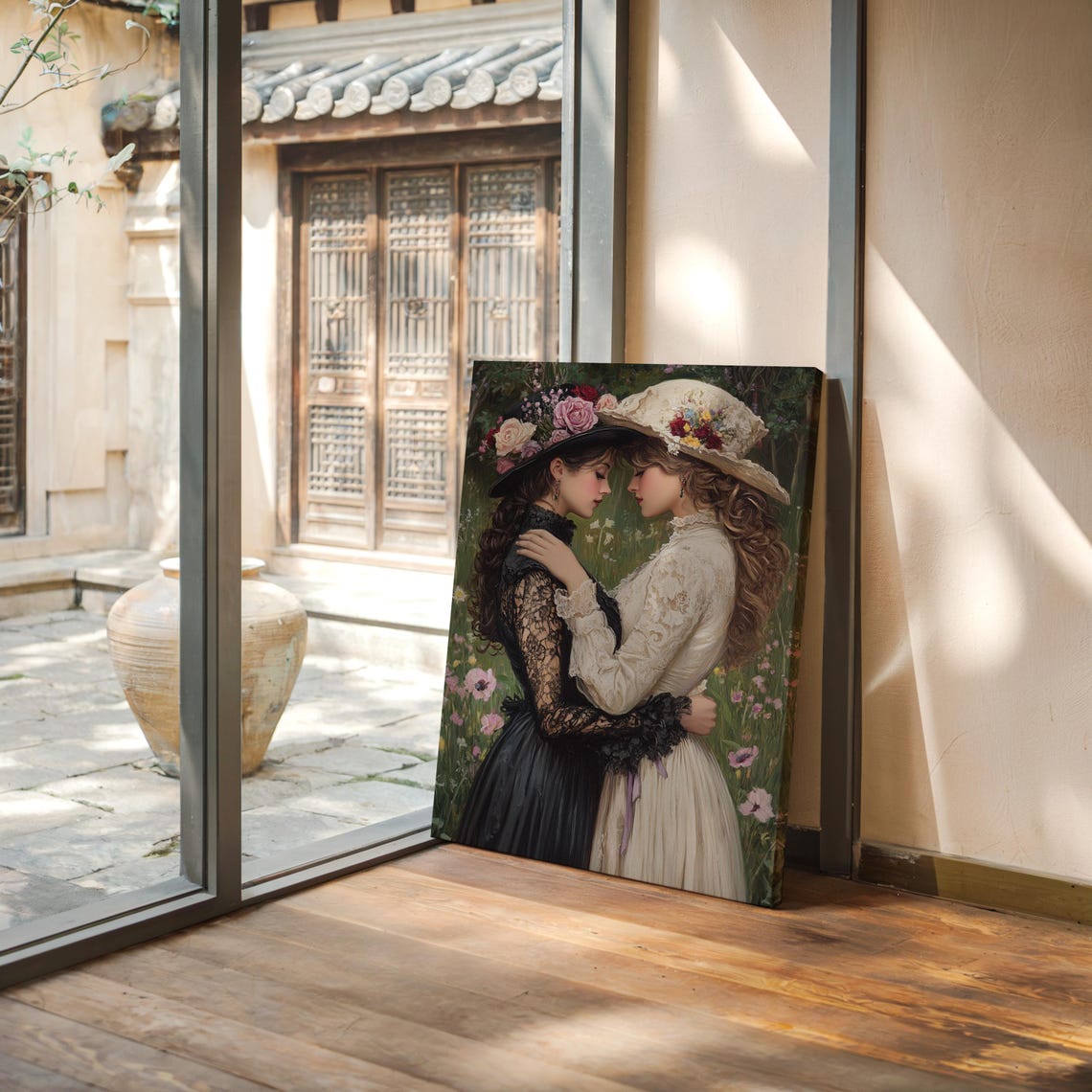 Two Women in Vintage Flower Hats Embracing in a Garden Poster - Image 7