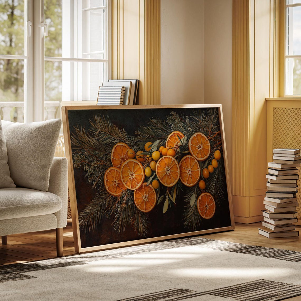 Dried Orange Slices With Pine Branches Dark Moody Holiday Wall Art - Image 3