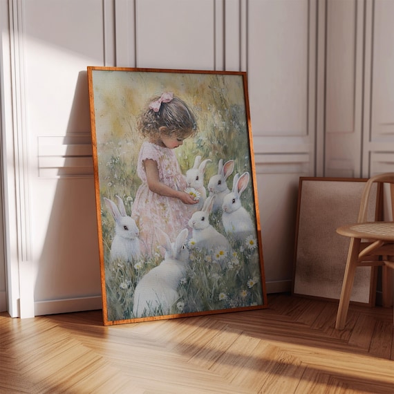 Vintage Girl With White Bunnies Nursery Art Print