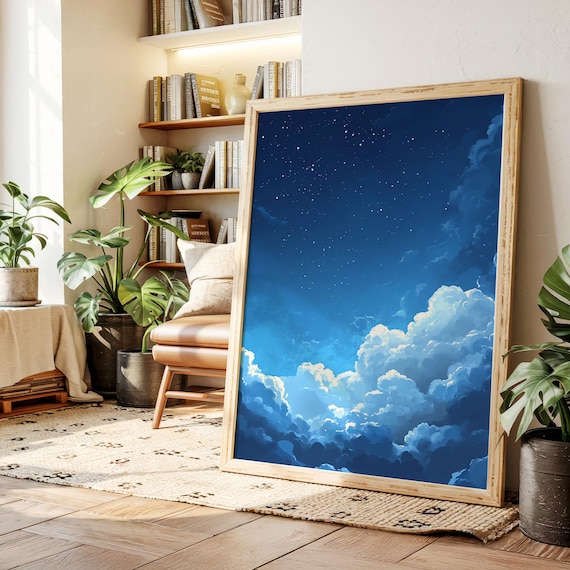 Starry Night Sky Dreamy Blue Glowing Clouds Celestial Scene Poster