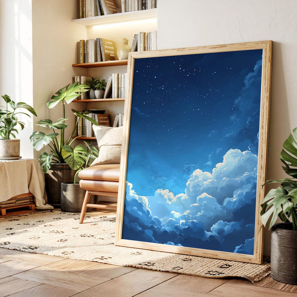 Starry Night Sky With Glowing Clouds Dreamy Blue Celestial Canvas Wall Art For Bedroom Or Nursery