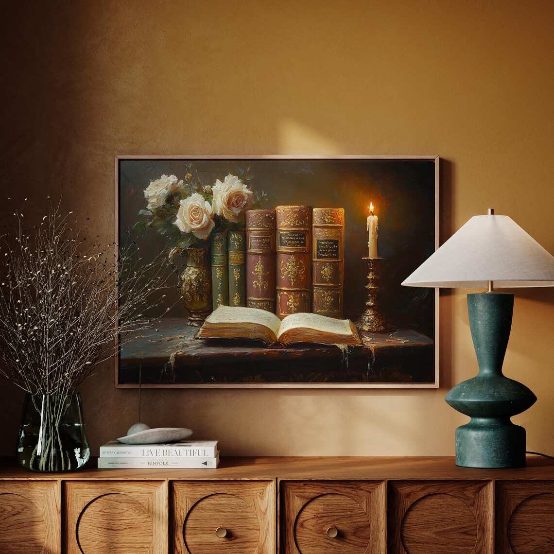 Vintage Books With White Roses and Candle Romantic Still Life Poster
