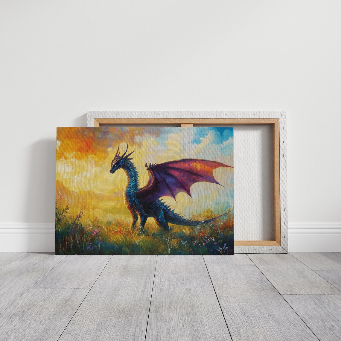 Teal Dragon with Magenta Wings Golden Meadow Fantasy Art Print - Image 6