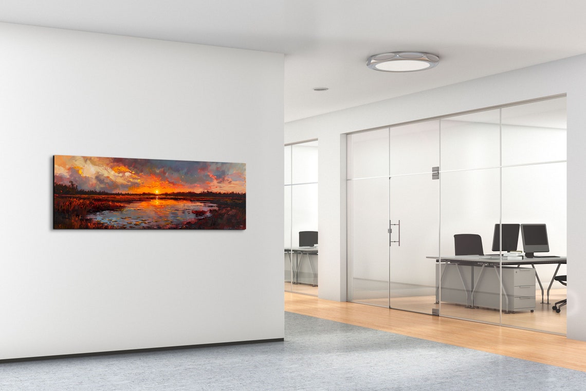 Dramatic Fiery Orange Sunset Over a Wetland with Lily Pads Poster - Image 5