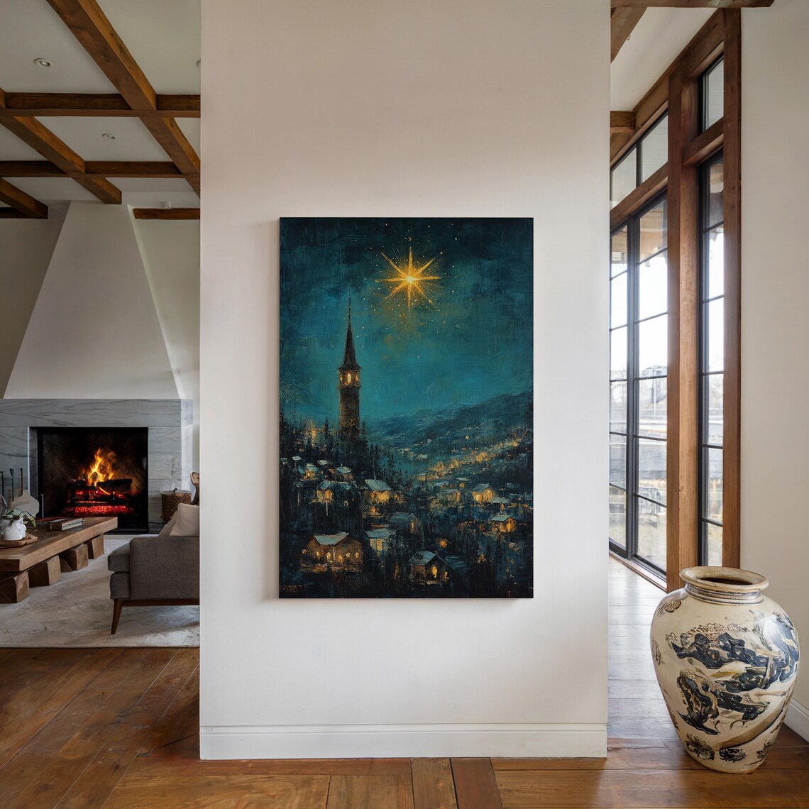 Christmas Star Over Village Church Steeple Night Winter Scene Poster - Image 5