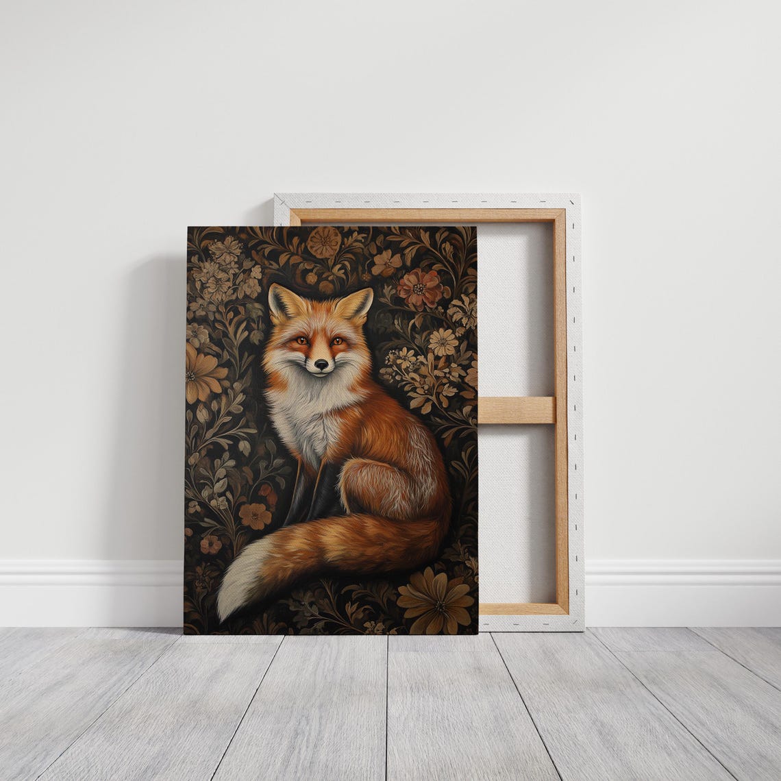 Red Fox Seated in Dark Botanical Floral Tapestry Wildlife Poster - Image 5