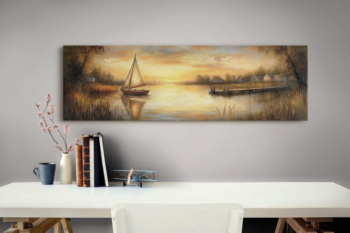 Serene Sunset Sailboat, Peaceful Lakeside Landscape - Image 5