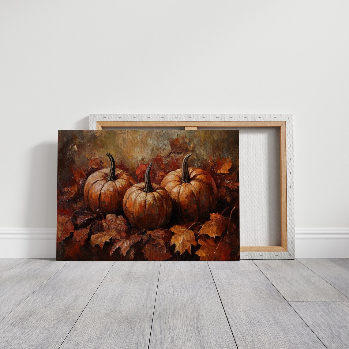 Three Pumpkins Among Autumn Leaves Moody Fall Harvest Still Life Poster - Image 3