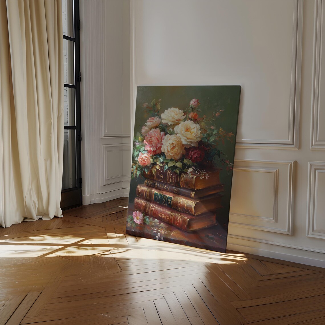 Antique Books With Rose Bouquet Dark Green Vintage Still Life Poster - Image 4