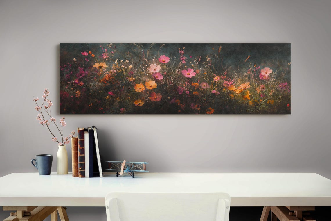 Dark Moody Cosmos Wildflower Meadow Romantic Night Floral Art Poster - Image 3