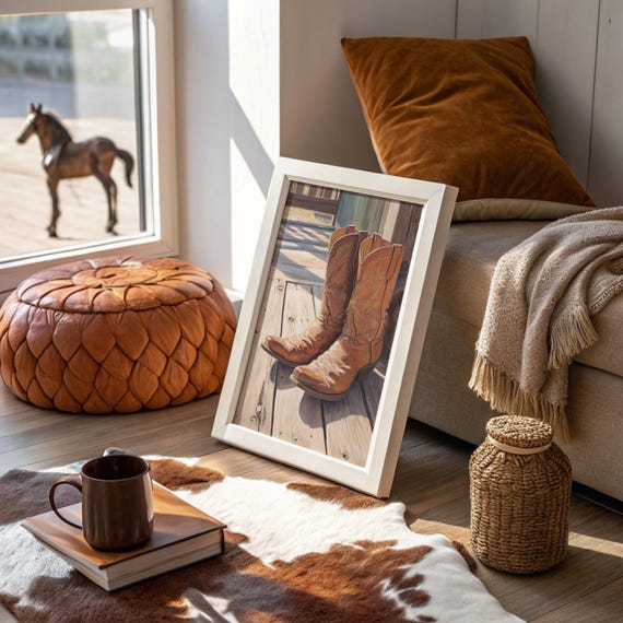 Worn Cowboy Boots On Wooden Porch