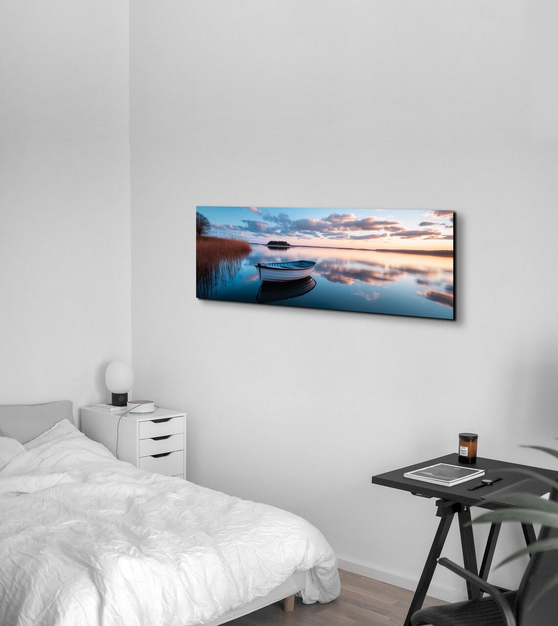 Wooden Rowboat Floating on a Glassy Sunset Lake in Panoramic View Poster - Image 3