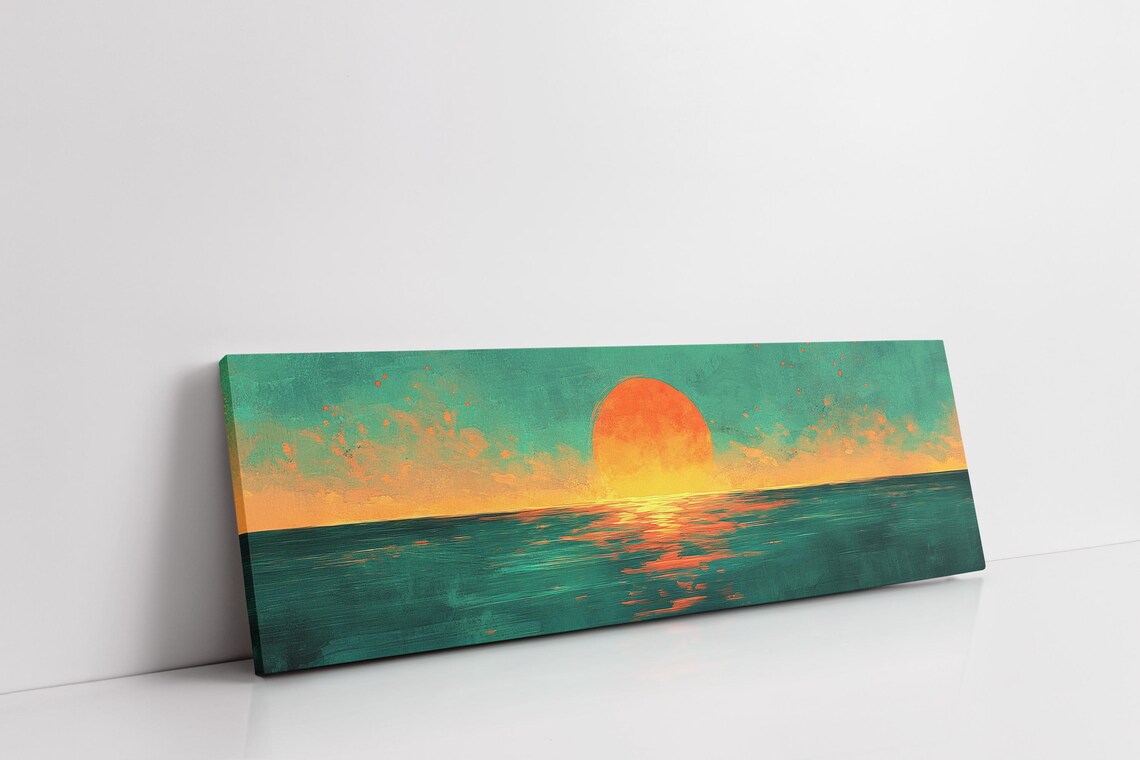 Vibrant Teal And Orange Ocean Sunset Large Sun Horizon Painterly Poster - Image 7