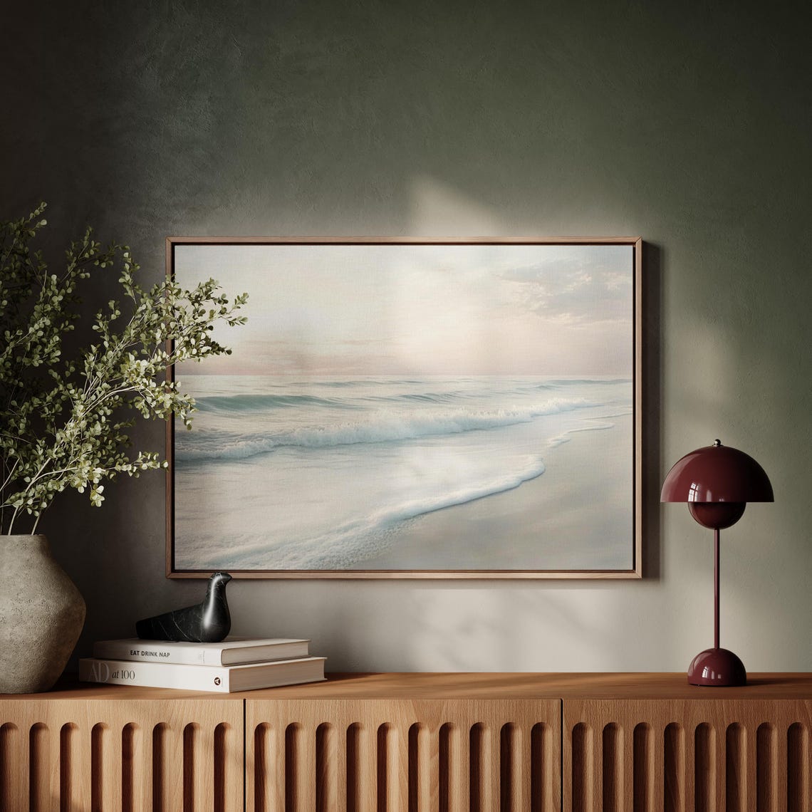 Minimalist Misty Beach Pastel Ocean Waves Serene Shore Calm Poster Art