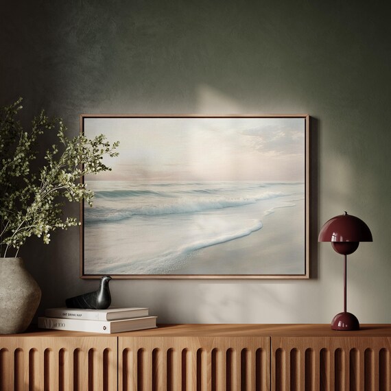 Minimalist Misty Beach Pastel Ocean Waves Serene Shore Calm Poster Art