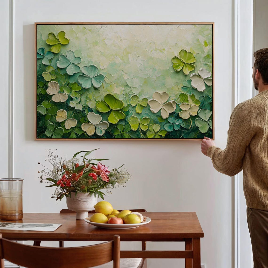 Impasto Green And White Clovers Textured Botanical Garden Wall Art - Image 5