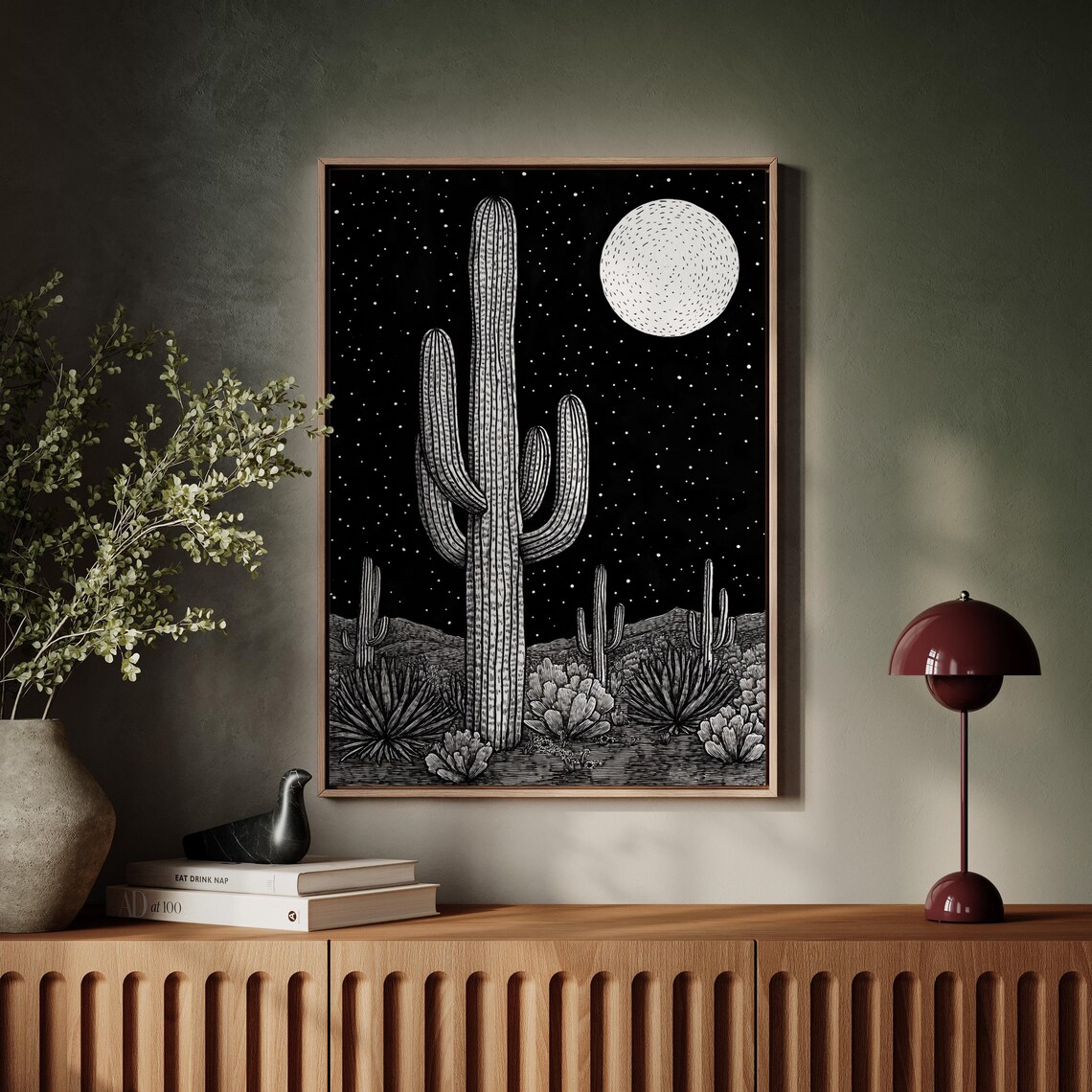 Saguaro Cactus Moonlit Desert Night Sky Southwestern Art Poster