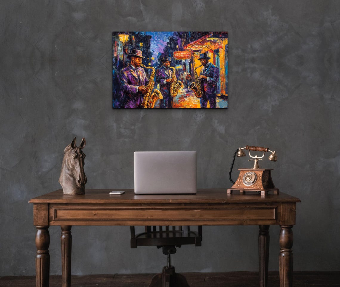 Jazz Saxophonists Night Street Warm Orange Lamplight Art Poster - Image 5