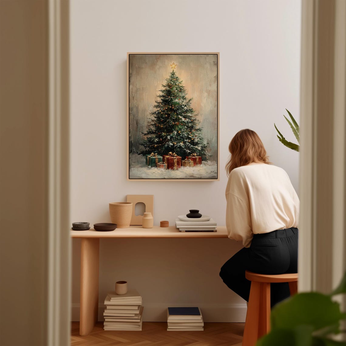 Snowy Christmas Tree Star Gifts Vintage Holiday Painting Poster - Image 3