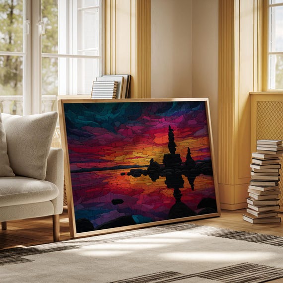 Stacked Stone Sunset Canvas Peaceful Rock Cairns At Dusk Abstract Lake Reflection Art Bold Colorful Sky Wall Decor Serene Nature Scene