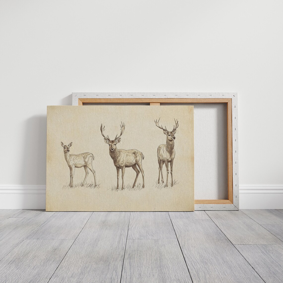 Vintage Sepia Sketch of Three Deer on Aged Paper Wildlife Art Poster - Image 3