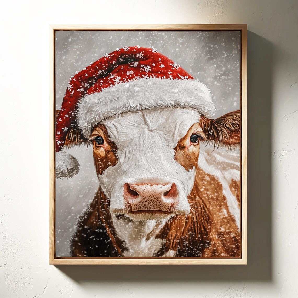 Adorable Cow in a Santa Hat Smiling on a Snowy Christmas Day Poster - Image 3