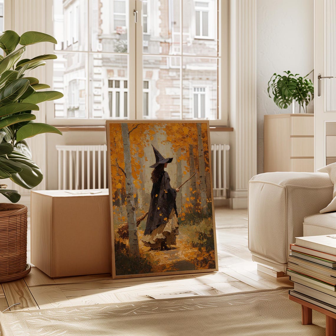 Witch Strolling Golden Autumn Birch Forest Oil Painting Poster