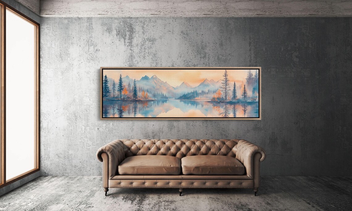 Misty Watercolor Mountain Lake Soft Peach Sunrise Pines Landscape Poster - Image 5