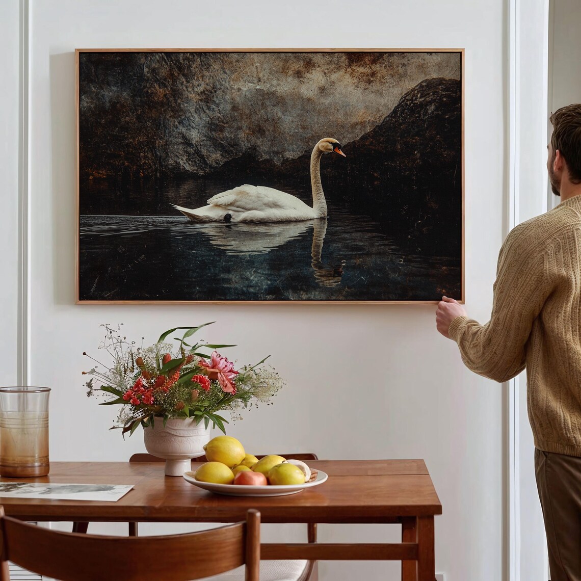 Swan on a Dark Lake Vintage Oil Painting Style Wildlife Poster