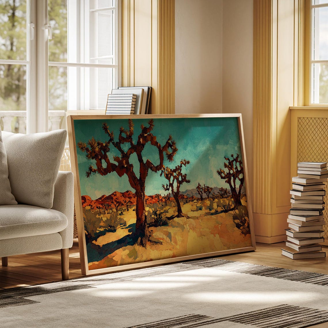Joshua Tree Desert Landscape Teal Sky Colorful Oil Art Poster