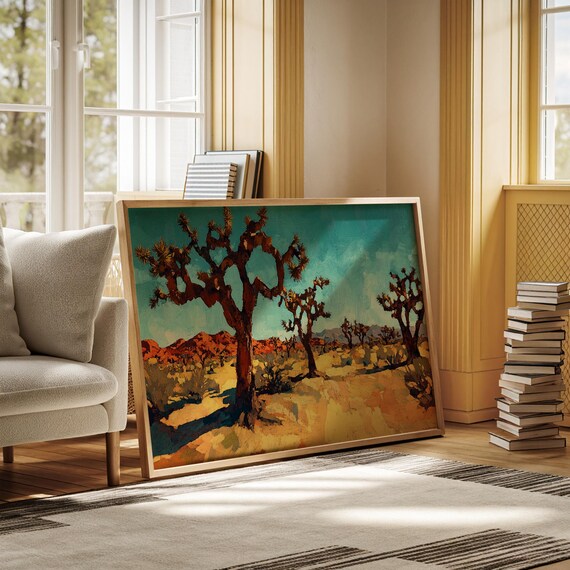 Joshua Tree Desert Landscape Teal Sky Colorful Oil Art Poster