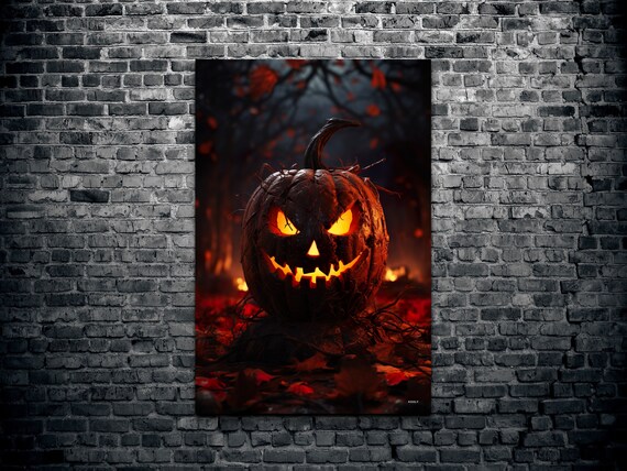 Scary Glowing Jack-O-Lantern Dark Forest Ember Night Art Poster