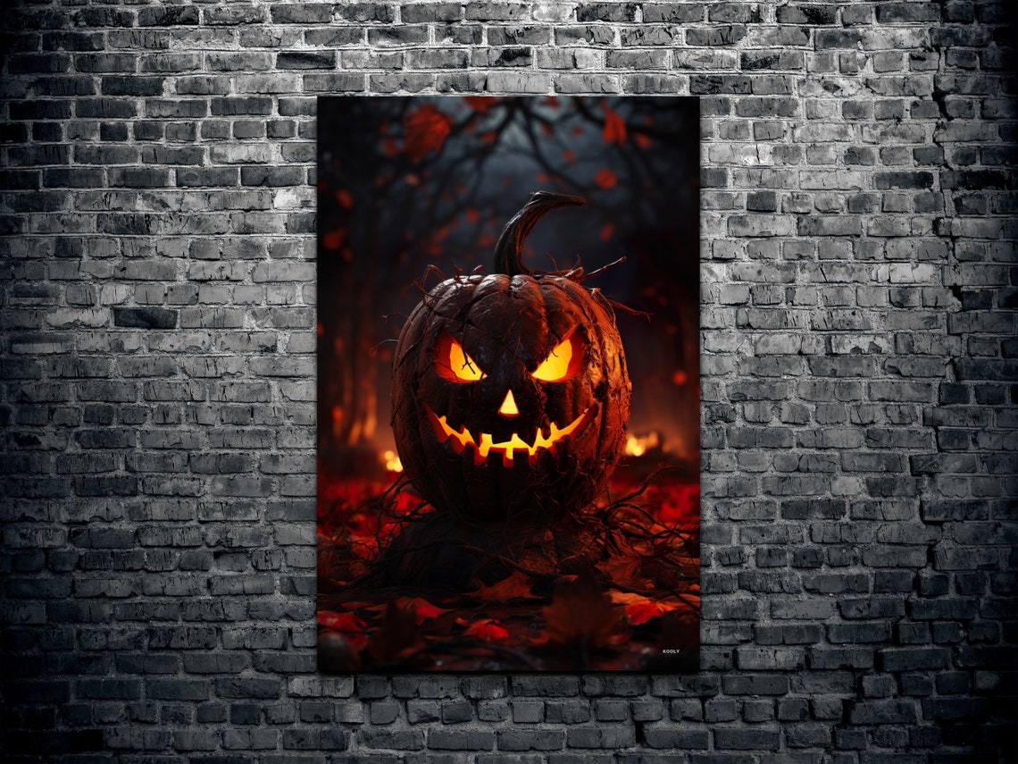 Scary Glowing Jack-O-Lantern Dark Forest Ember Night Art Poster