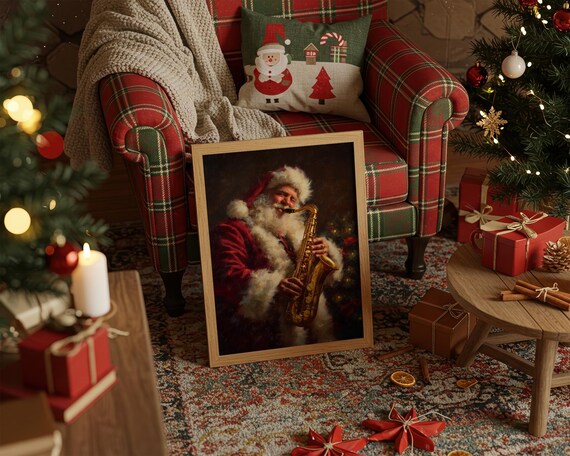 Santa Claus Playing Golden Saxophone in Cozy Jazz Scene Poster