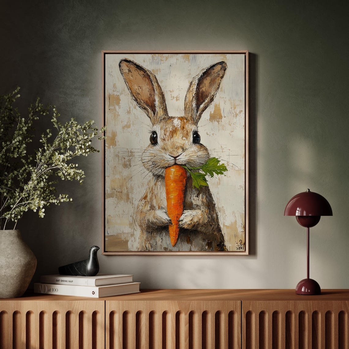 Adorable Bunny Munching a Carrot on Rustic Beige Canvas Poster - Image 7