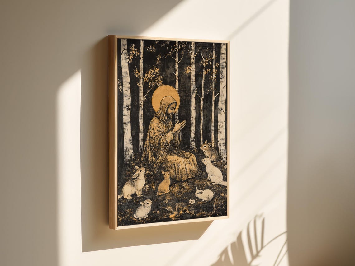 Woodland Monk Praying Among Rabbits In Golden Birch Forest Wall Art - Image 5