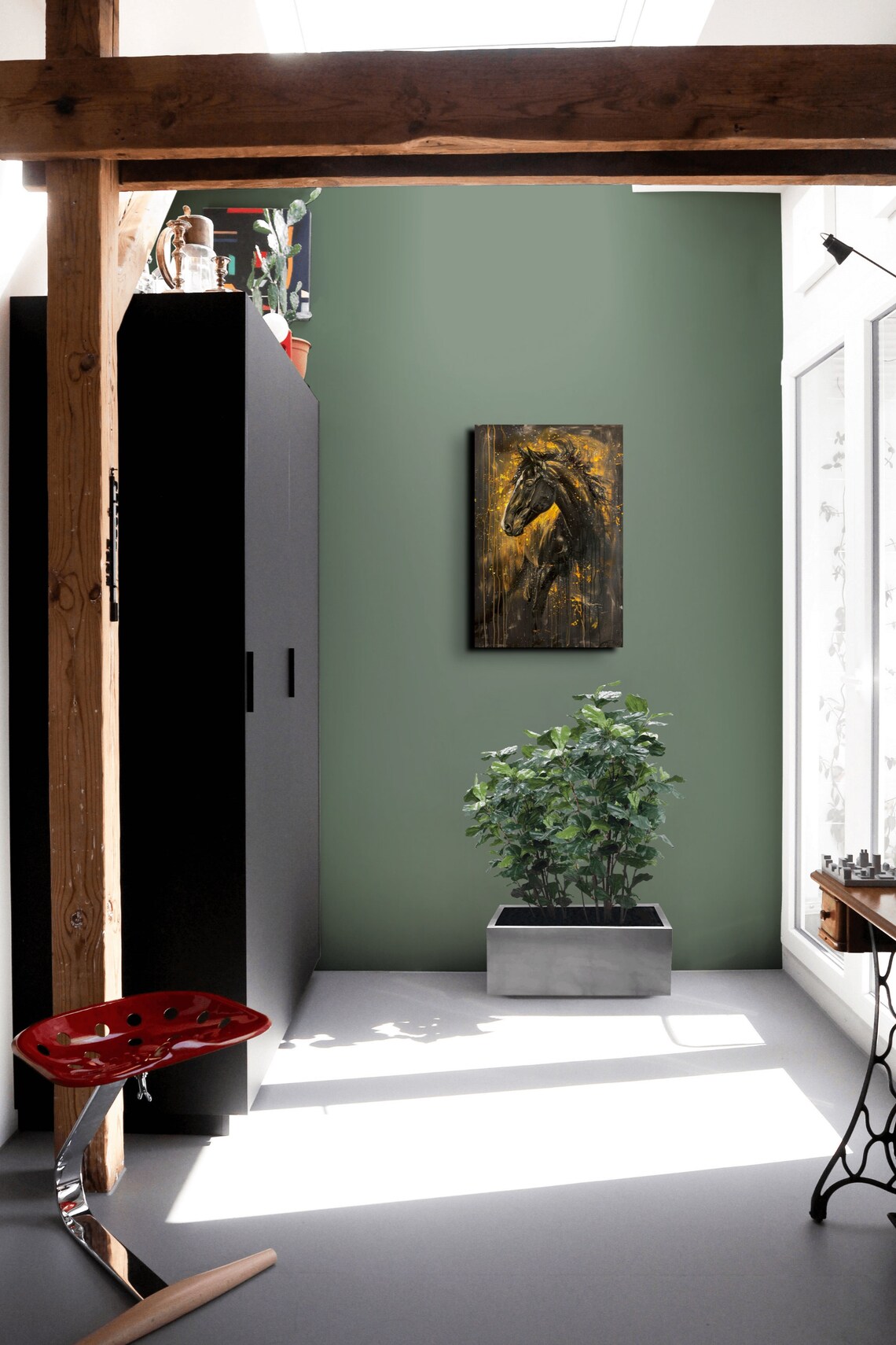 Black Horse Portrait in Golden Flame Paint Drip Equestrian Poster - Image 4