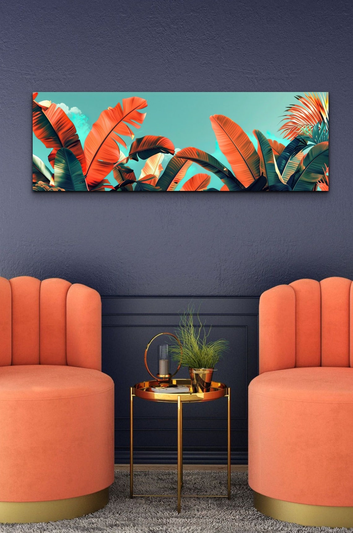 Burnt Orange Banana Leaves Against a Teal Sky Panoramic Poster - Image 7