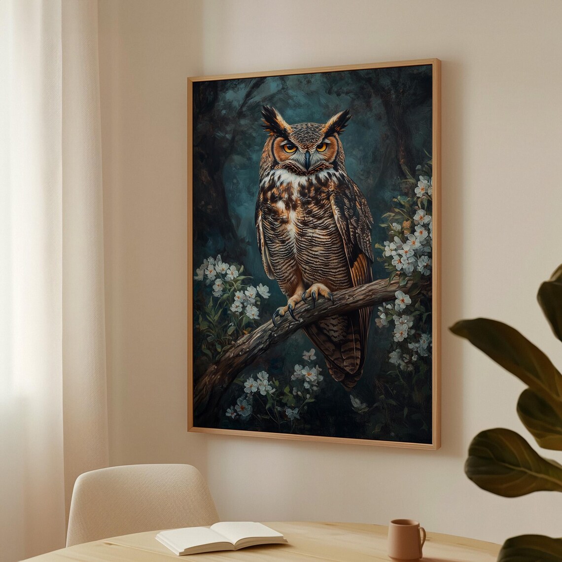 Great Horned Owl With White Flowers Wildlife Nocturnal Painting Poster - Image 4