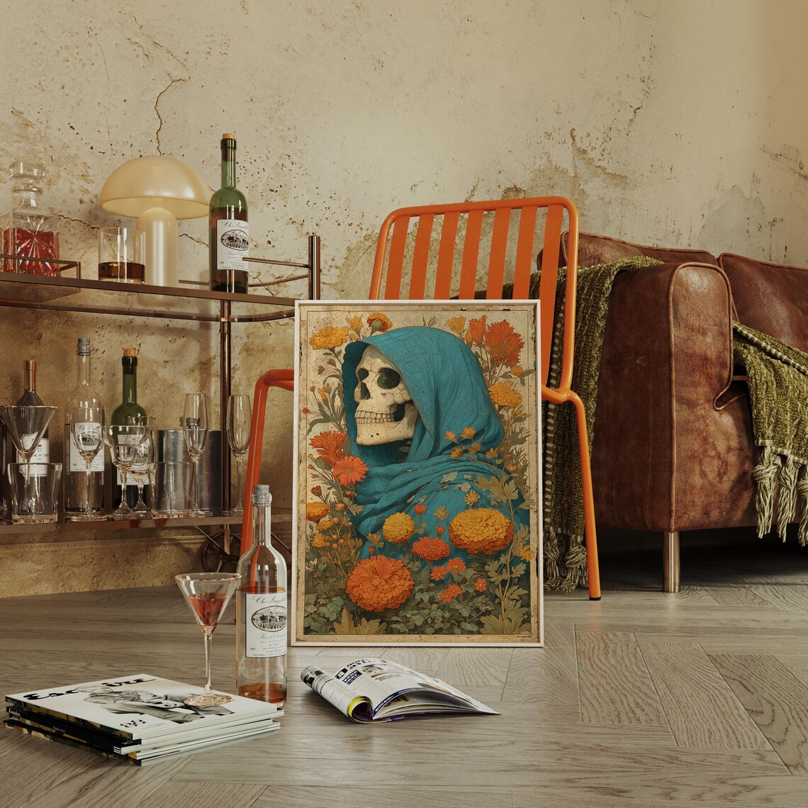 Blue Hooded Skeleton In Marigold Field Day Of Dead Art Poster