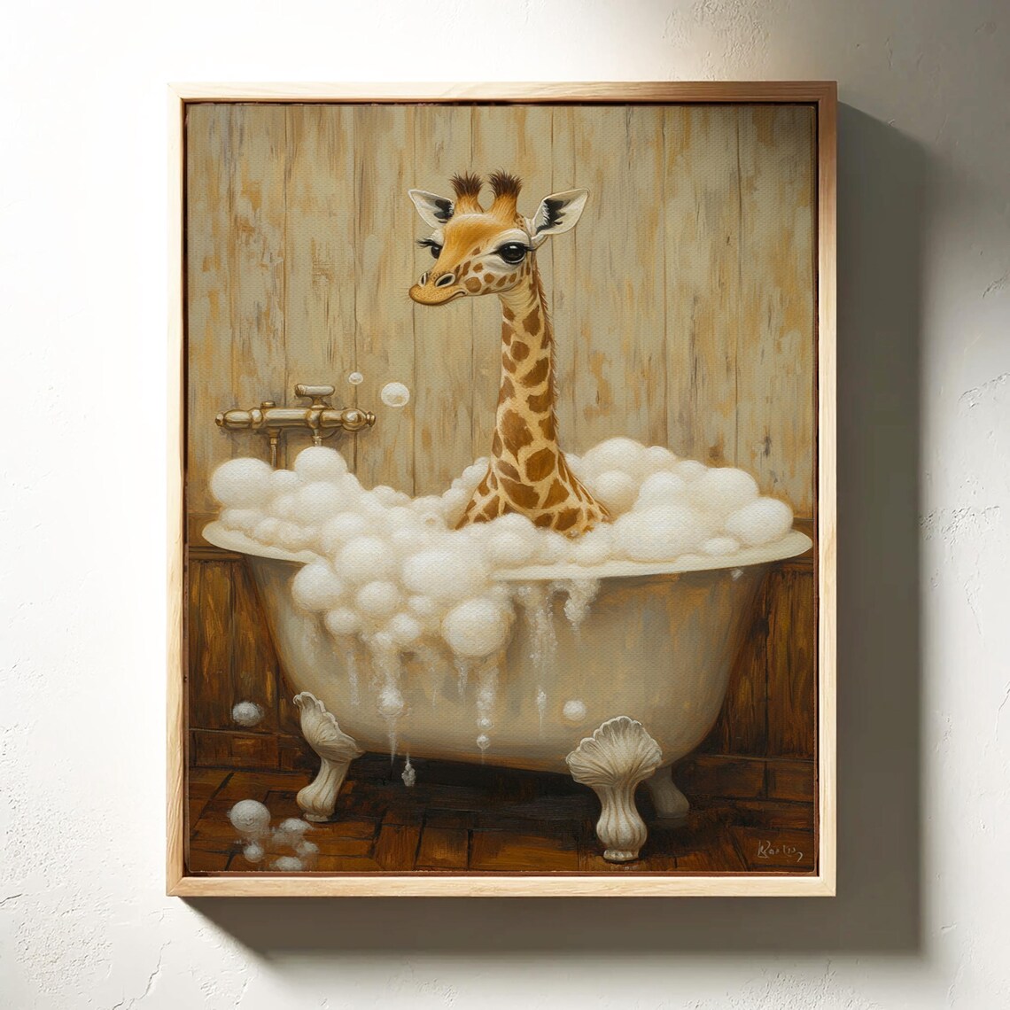Baby Giraffe in Clawfoot Bathtub with Bubbles Cute Whimsical Animal Poster - Image 3