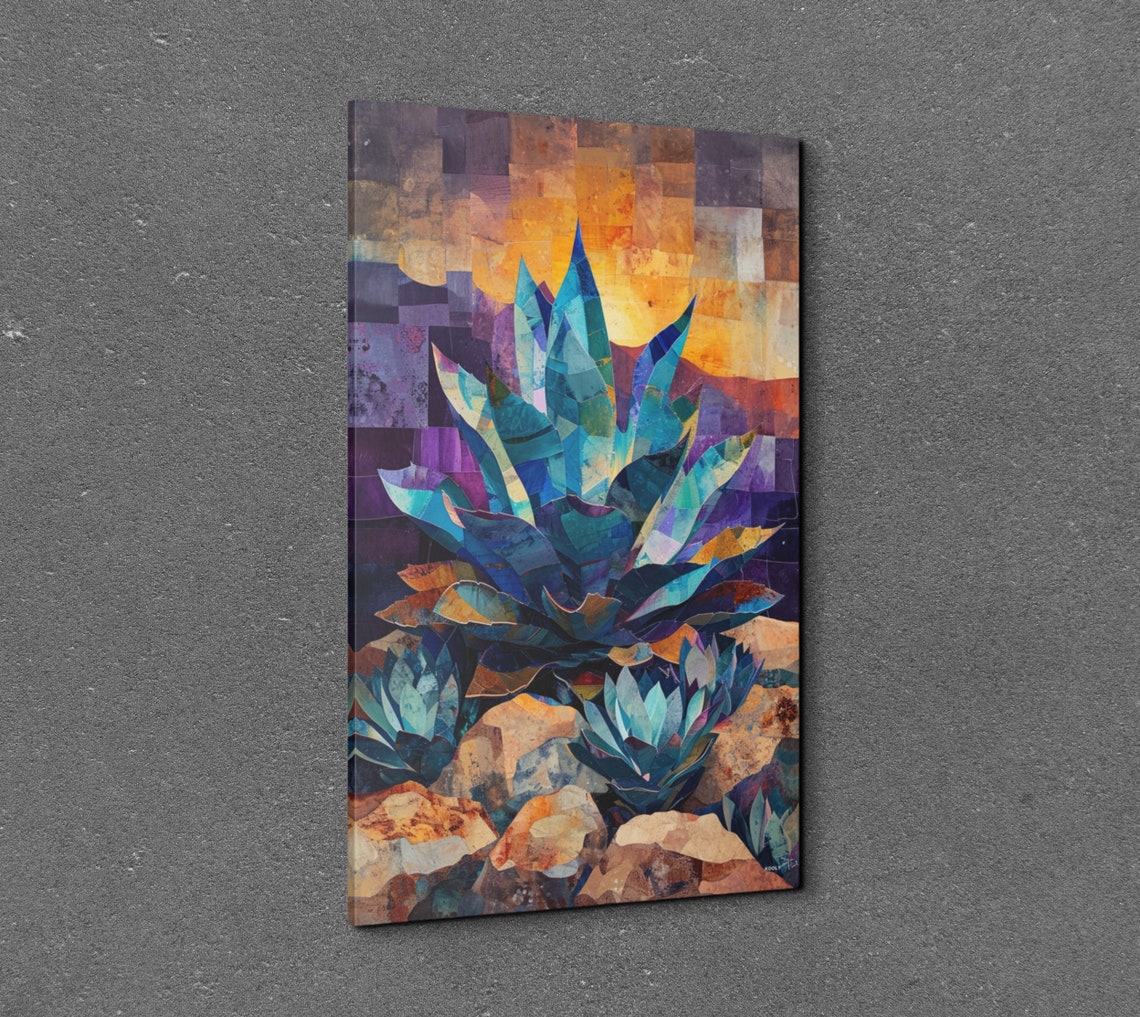 Blue Agave Abstract Patchwork Painting Purple Sunset Desert Poster - Image 3