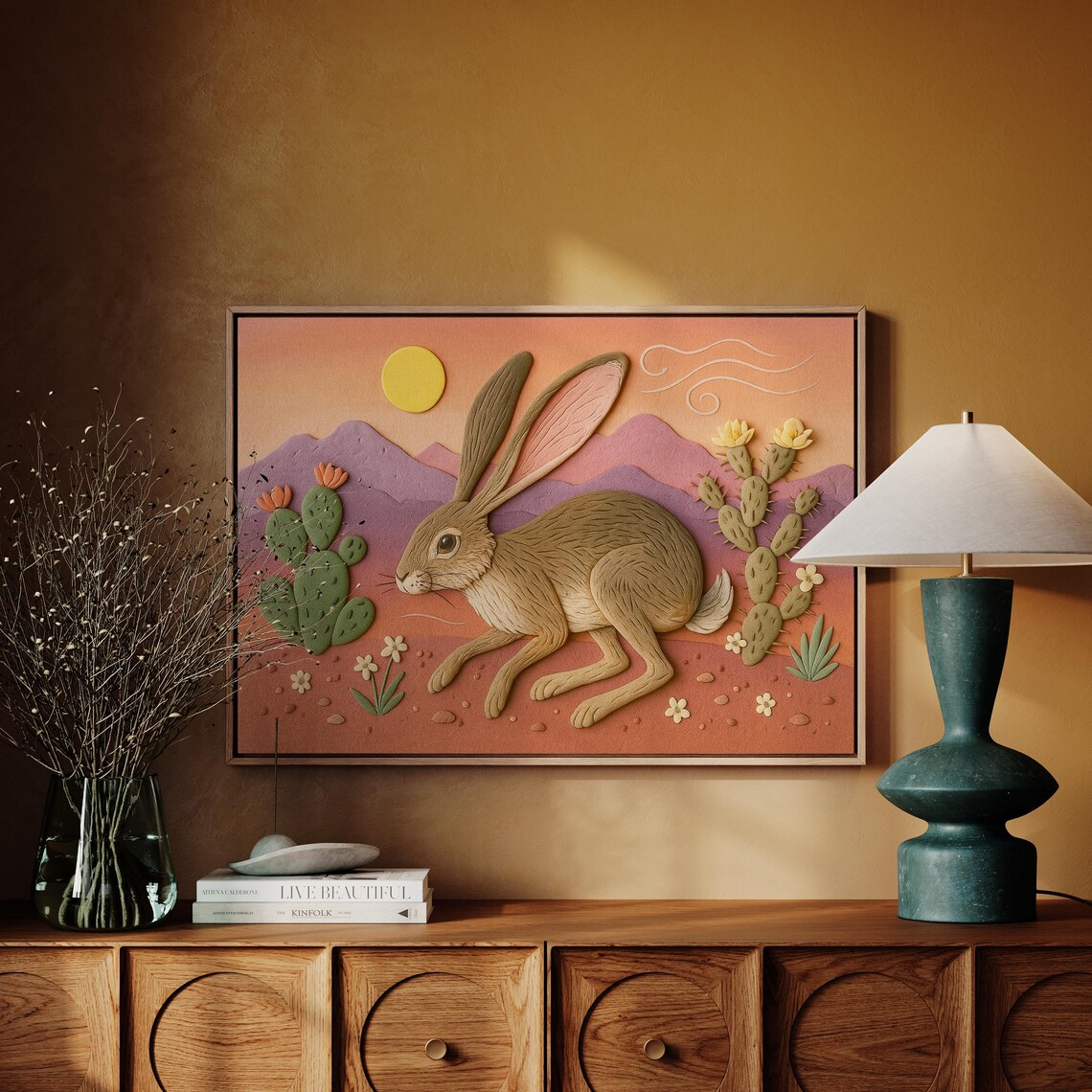 Desert Jackrabbit Clay Style Cactus Sunset Southwest Animal Wall Art