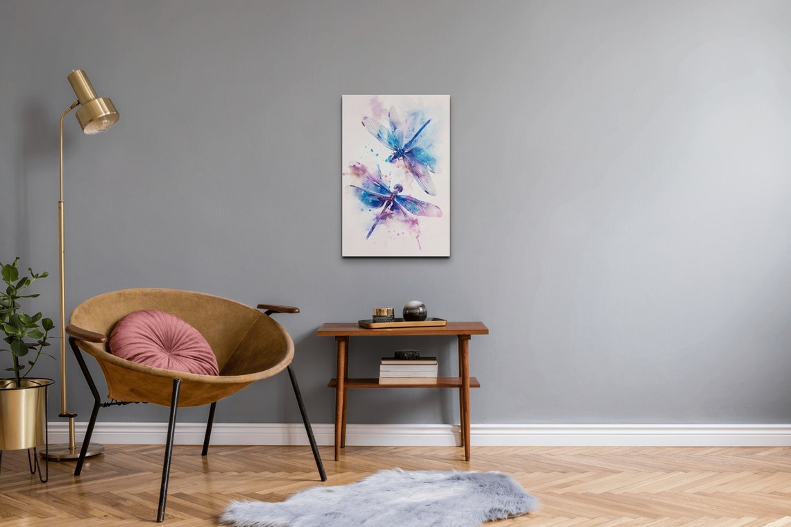 Two Delicate Dragonflies Dancing In Soft Blue Purple Watercolor Poster - Image 7