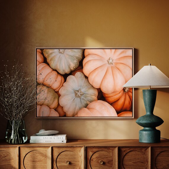 Heirloom Pumpkins Fall Harvest Muted Peach Sage Still Life Poster