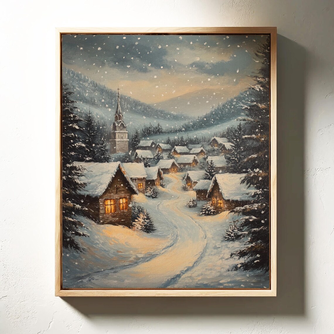 Snow Covered Village With Church Steeple Winter Evening Art Print - Image 4