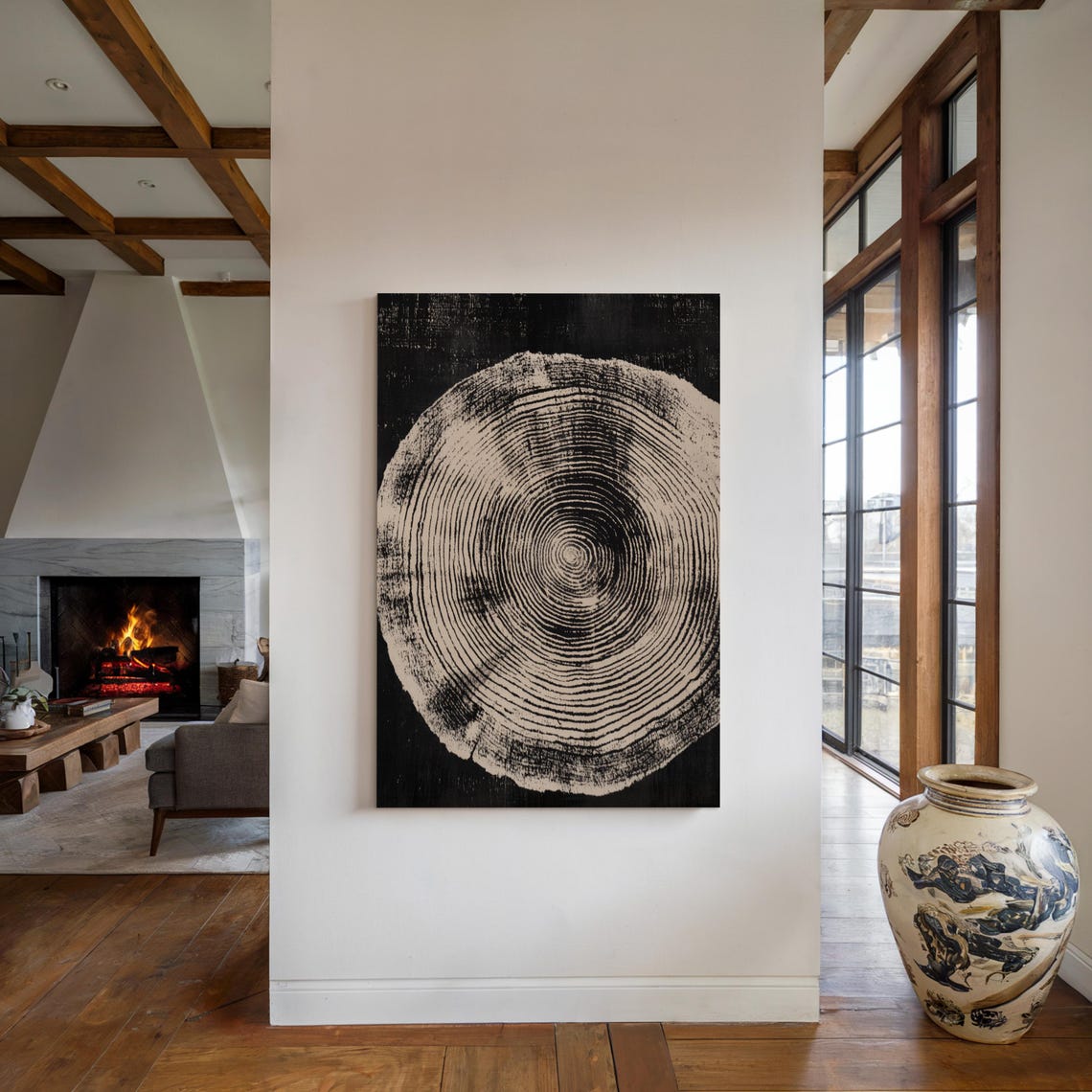 Cream Fine Tree Ring Circle On Black Elegant Gallery Art Poster - Image 4