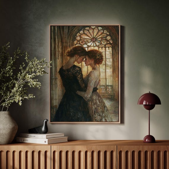Romantic Gothic Wall Art Two Women In Lace Embrace In Cathedral Light Vintage Victorian Decor Stained Glass Gothic