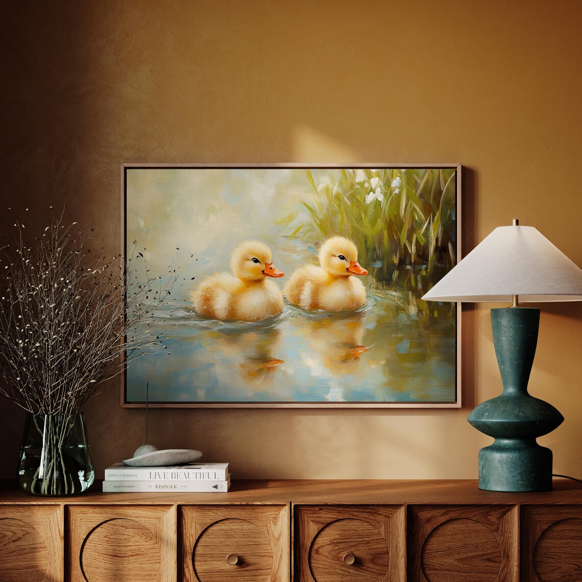 Two Yellow Ducklings Swimming In Pond With Reeds Cute Painting Poster